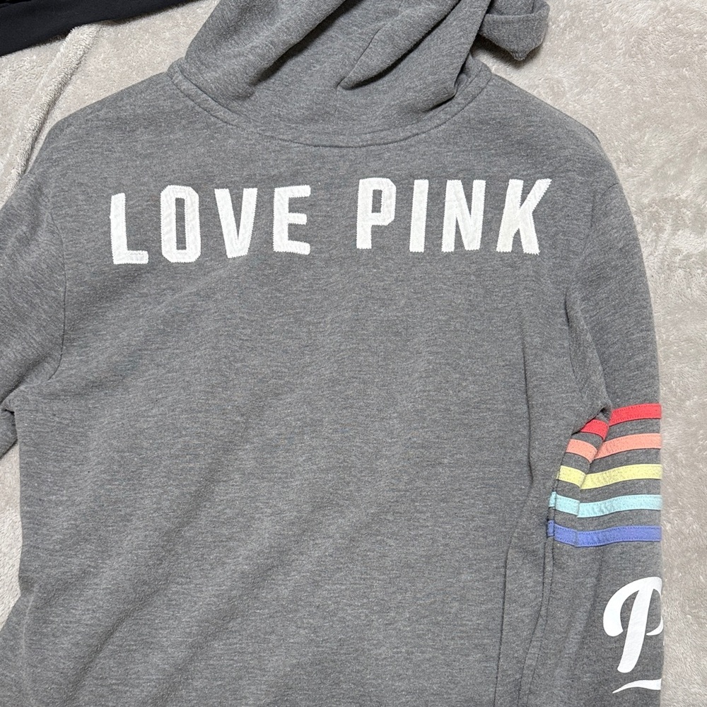 PINK Victoria's Secret Gray Hoodie with Rainbow Sleeve